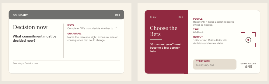 Partner Decision Deck prototype: Decision now and Choose the Bets cards